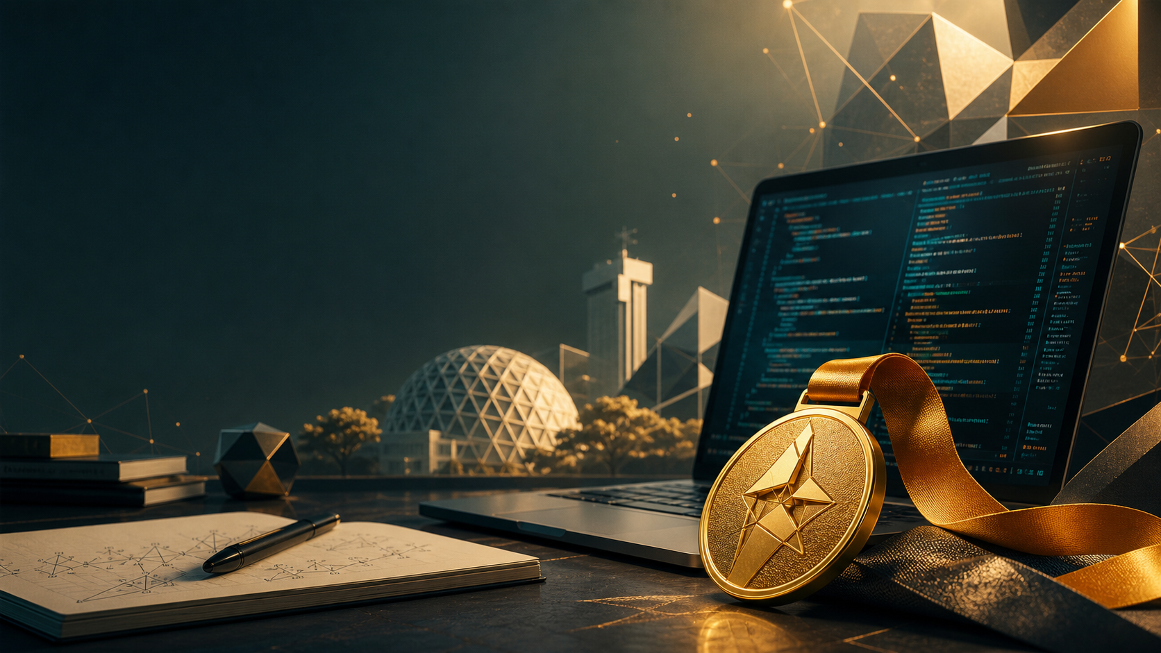 Illustrated programming contest desk with a gold medal and abstract code